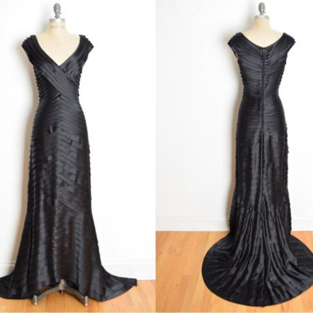Tadashi Vintage Plunge Black Crepe Tiered Gown